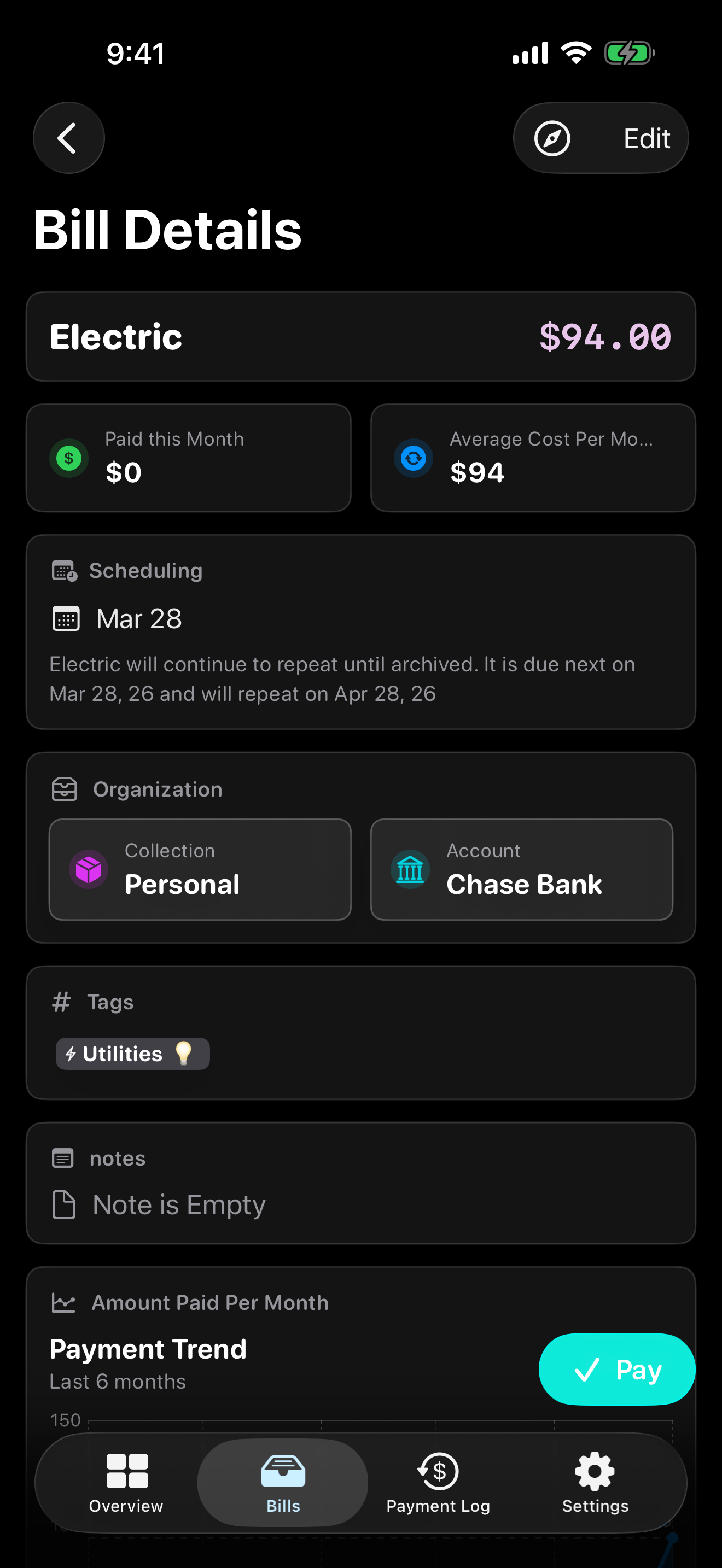 Bills io bill detail screen showing payment history and notes