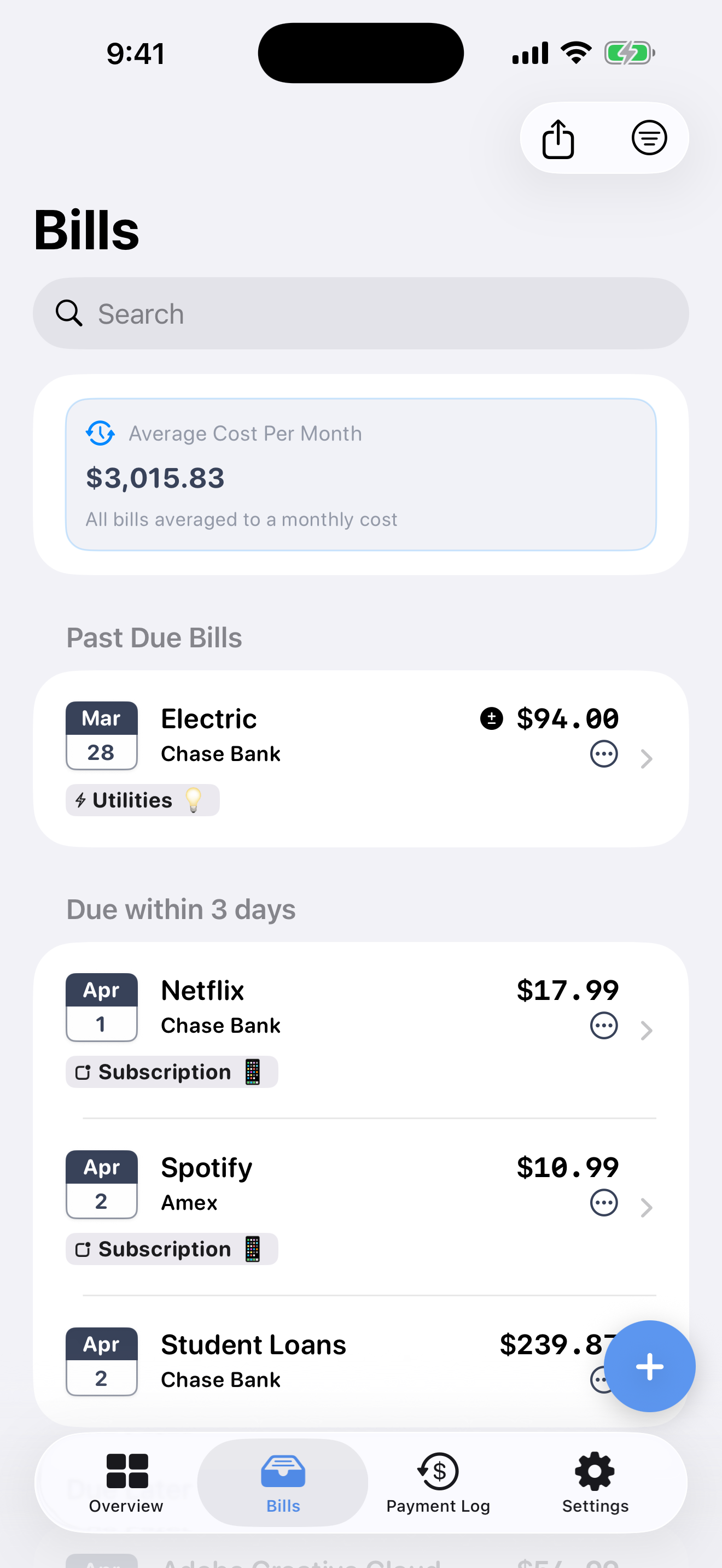 Bills io bill manager showing a list of recurring and one-off expenses